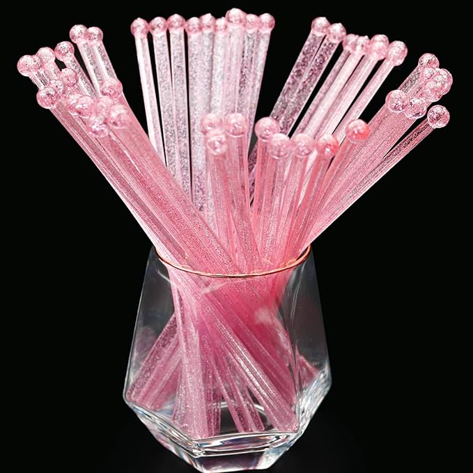 50-PCS Pink Glitter Plastic Swizzle Sticks, Crystal Cake Pops, Cocktail Coffee by hapray