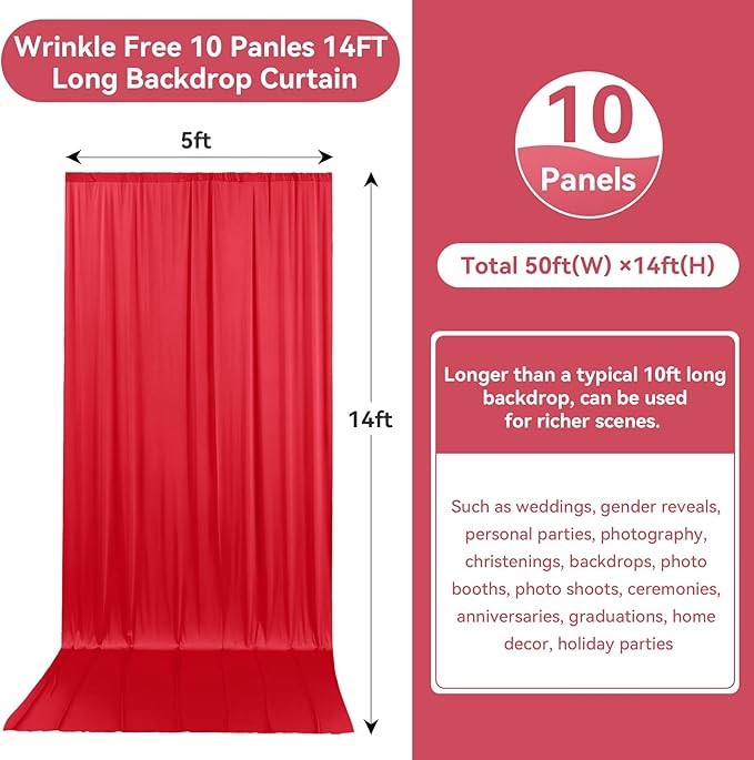 50ftx14FT Wrinkle Free Red Backdrop Curtain, 10 Panels 14FT Height Red Wedding - Image 2