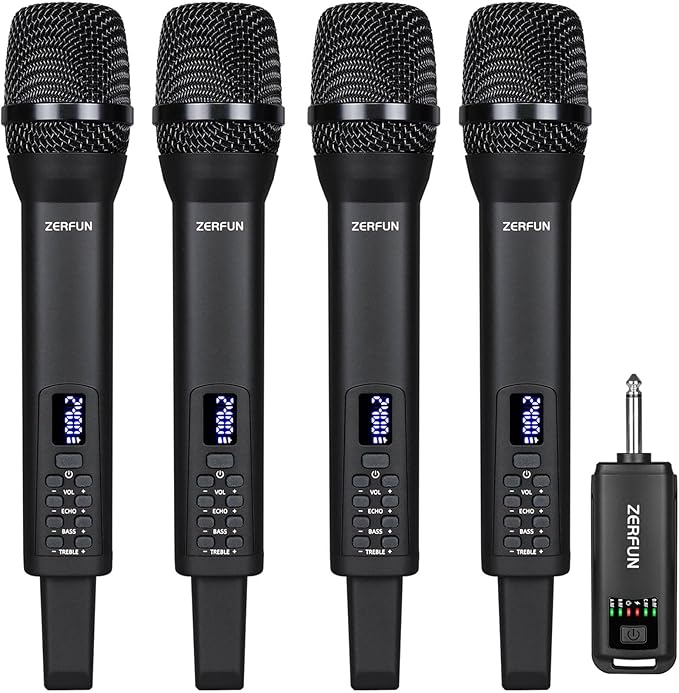 Rechargeable Wireless Microphones 4, Pro Handheld Cordless Mics System Dynamic by ZERFUN