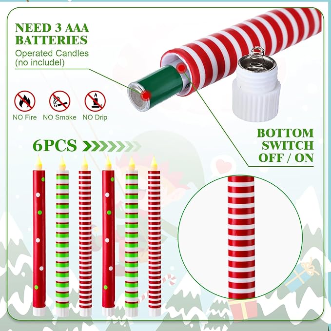 6 Pcs Christmas Flameless Taper Candles 10.6 Inch Red Green and White Striped - Image 2