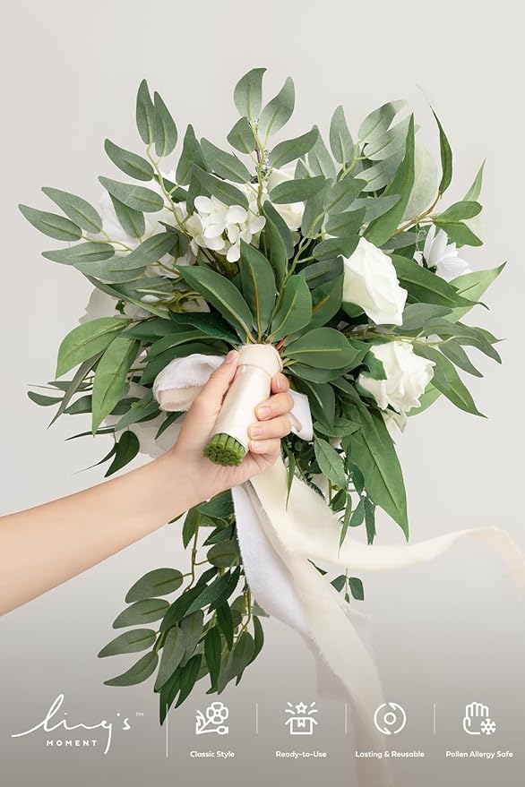 Ling's Moment White Bridal Bouquet Cascading, Ivory Wedding Bouquets - Image 2