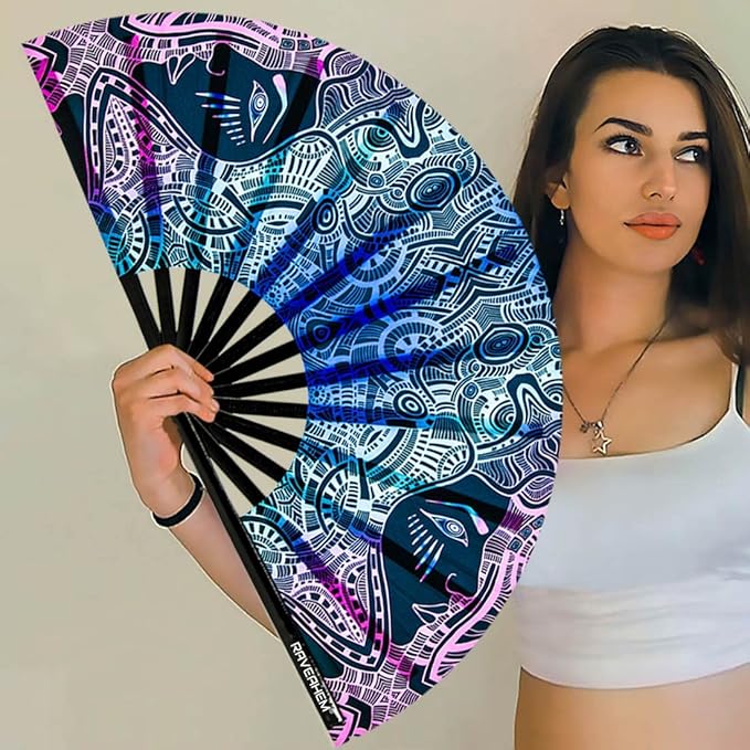 UV Glow Rave Fan, Bamboo Folding Clack Hand Fans Foldable - Image 3