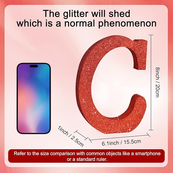 TONIFUL 8 Inch Red Glitter Letter C Table Centerpiece A-Z Red Birthday Party - Image 2