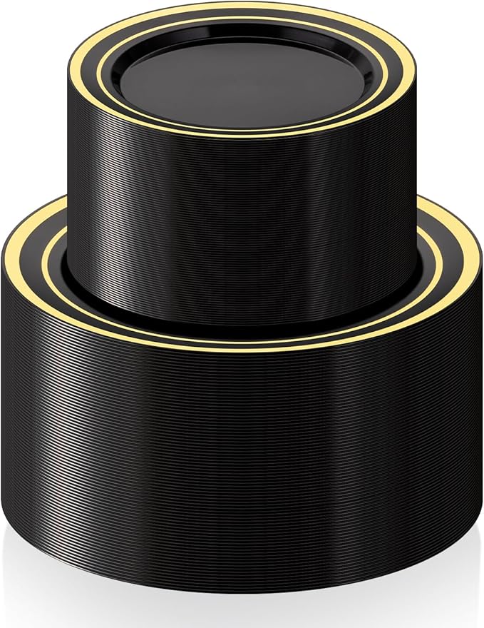 200PCS Black Plastic Plates Set by BESTSTAR