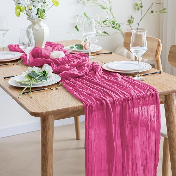 Asee'm 4pcs Cheesecloth Table Runner 120 Inches Long Deep Pink Boho Gauze - Image 6