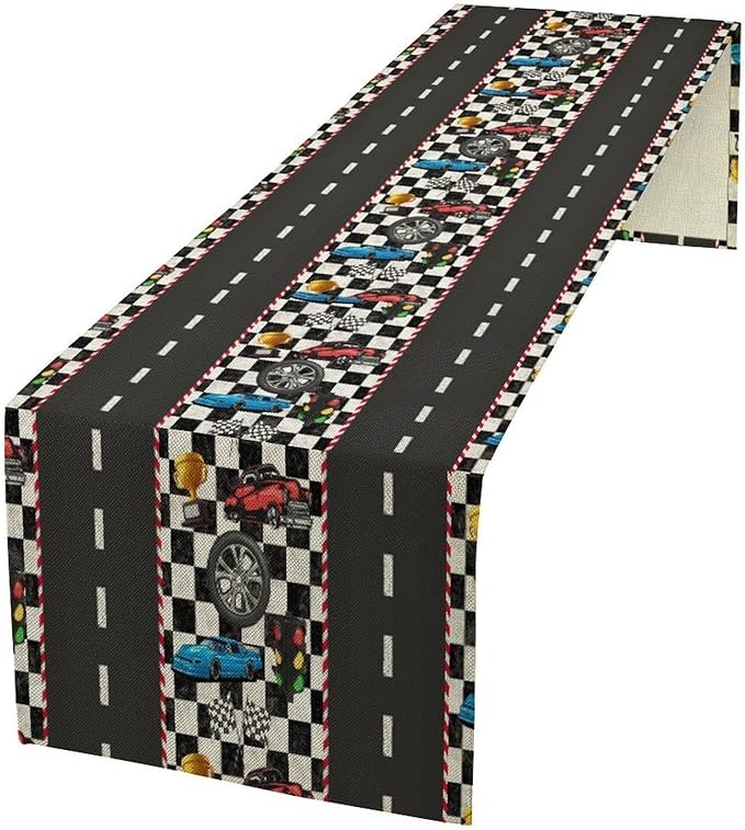 Race Car Table Runner, Checkered Flag Black and White Race Cars Pattern Print by Kurtect