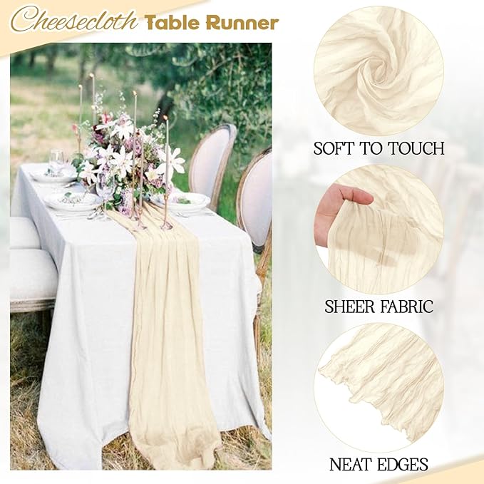 Aktor 4 Pack Ivory Table Runner Boho Cheesecloth Table Runner Semi Sheer Gauze - Image 3