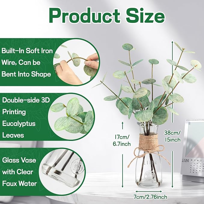 Artificial Eucalyptus Stems in Glass Vase - Image 3