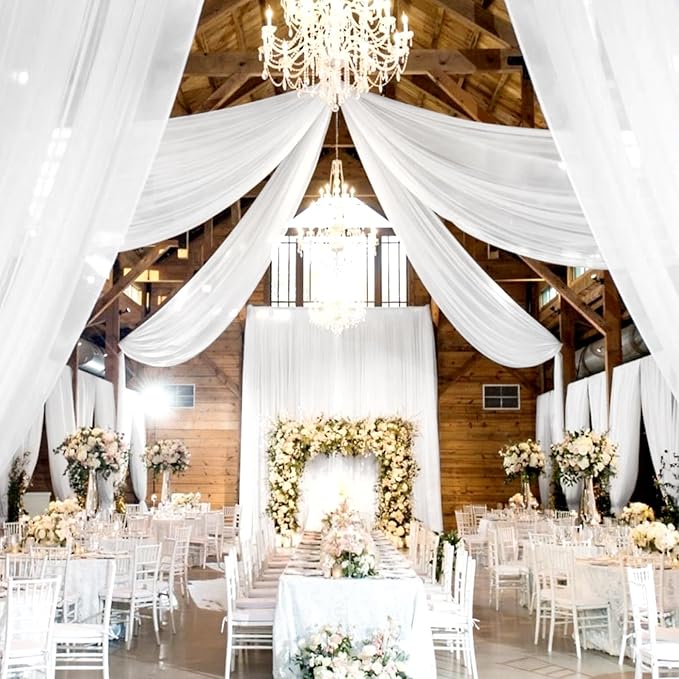 4 Panels White Wedding Ceiling Drapes 5ftx30ft Ceiling Drapes Chiffon Fabric - Image 7