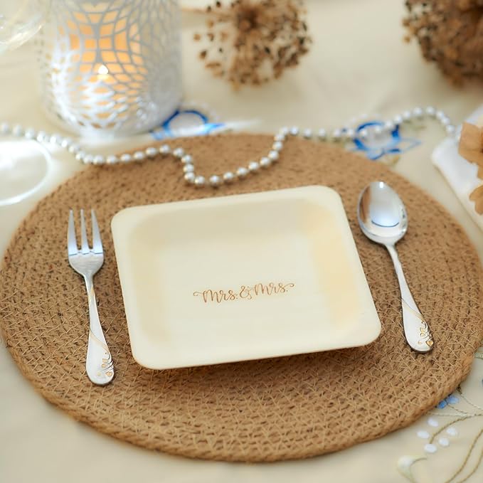 Mrs. and Mrs. Disposable Wedding Plates – Rustic, Compostable Alternative to - Image 5