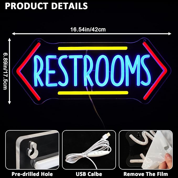 Restroom Neon Sign for Wall Decor, Toilet Led Signs for Bathroom, Unisex - Image 2