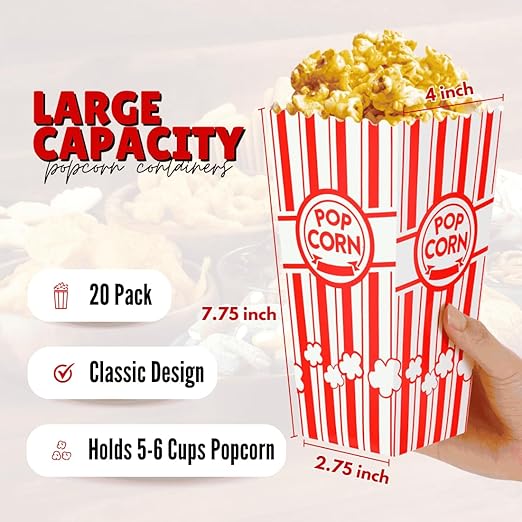 ZEEGO0 20-Pack Popcorn Boxes, Sturdy and Durable Popcorn Bucket, 7.75in Tall - Image 3