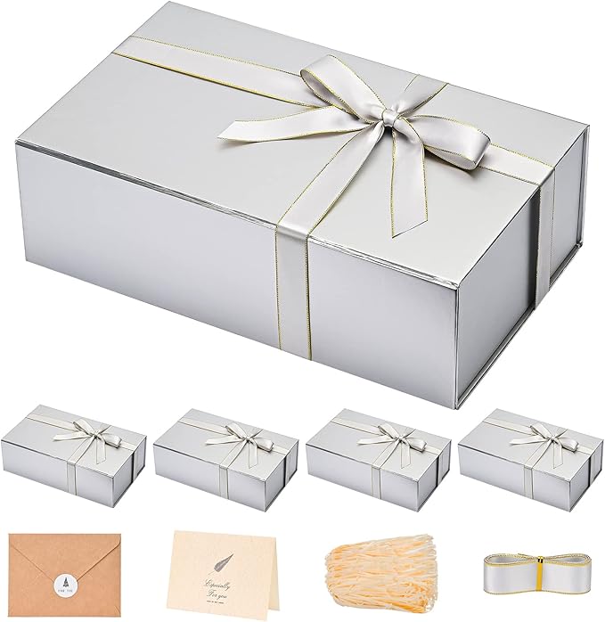 LIFELUM Gift Boxes with Lids, 5 Pack 13.85 x 8.35 x 4.45 inch Silver Gift Boxes by LIFELUM