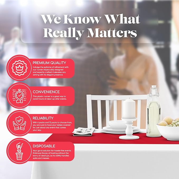 Red 6 Pack Premium Disposable Plastic Table Runner 14 x 108 Inch. Table Runner - Image 4