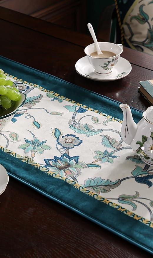 patdrea Designer Elegant French Floral Velvet Table Runner, Teal - Image 8