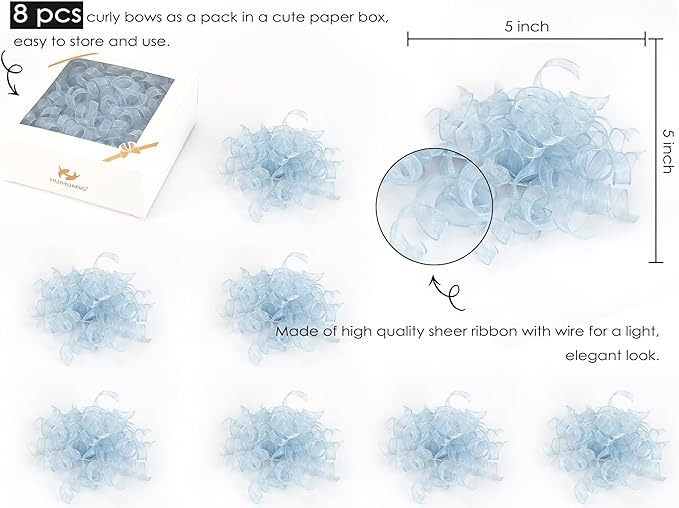 HUIHUANG Blue Bows for Gift Wrapping Burst Curly Gift Bows 5 inch x 8 Counts - Image 2