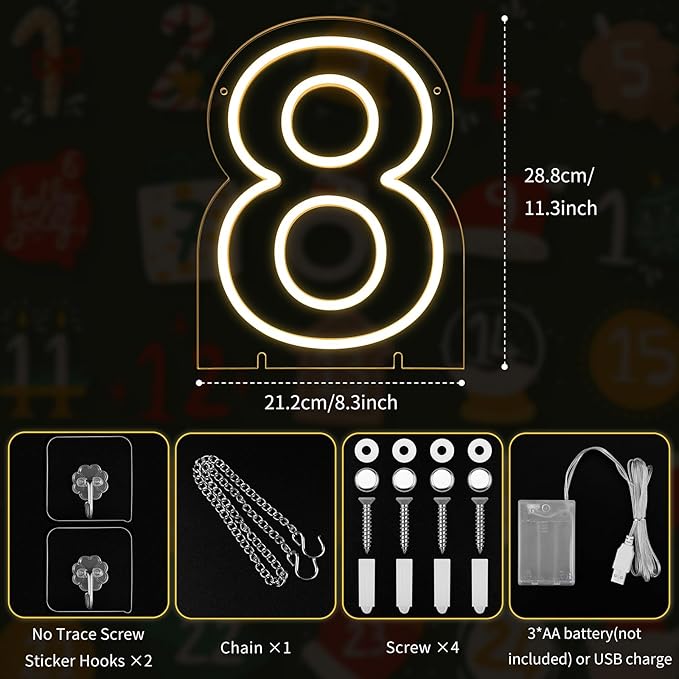 Number 8 LED Neon Sign Backdrop Birthday Party Decoration, 11.3" Height Warm - Image 3