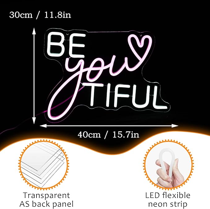 Be Your Tiful Neon Sign Dimmable Letter Neon Signs White Pink Wall Decorative - Image 4