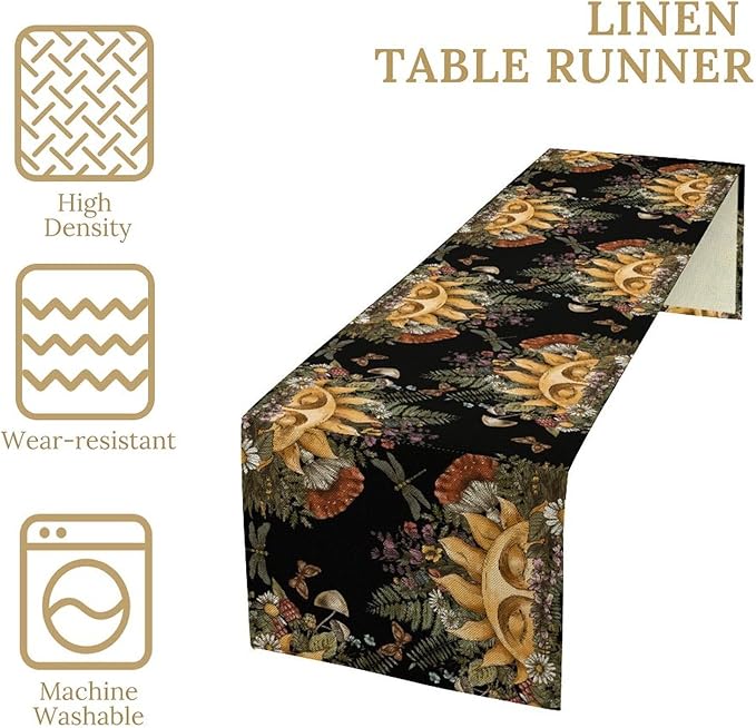 Sun Moon Table Runner, Bohomian Mushroom Daisy Table Gothic Dragonly Butterfly - Image 4