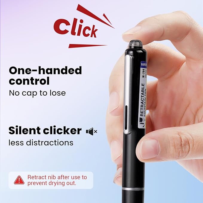 WRITECH Retractable Fountain Pen Set: Fine Nib Black Ink Pens Includes 5 Ink - Image 3
