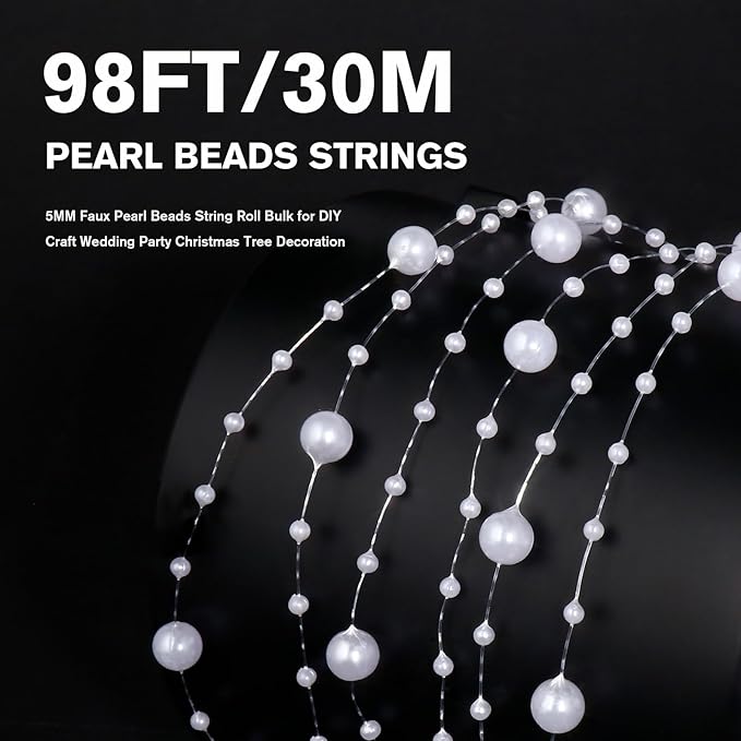 98FT Pearl Beads String Garland, 8mm 3mm White Faux Pearl Beads Roll Strand Bulk - Image 2