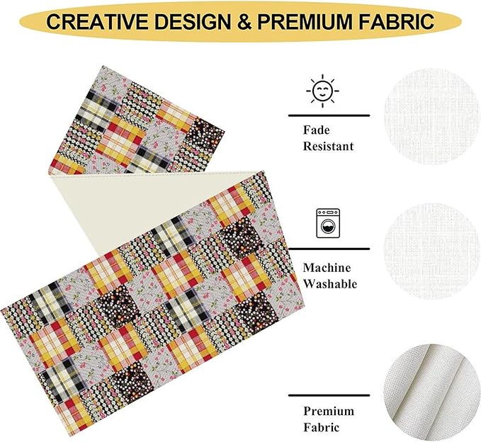Patchwork Table Runner, Boho Vintage Floral Checkered Plaid Bohemian Paisley - Image 4
