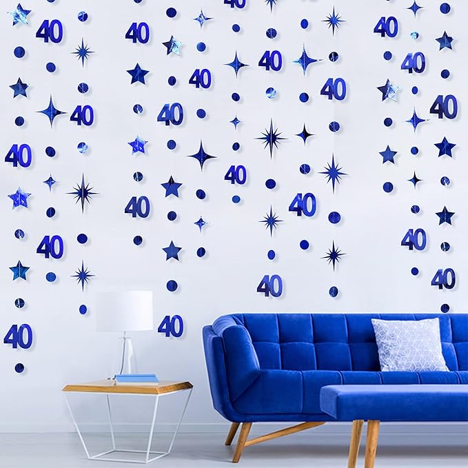 Navy Blue 40th Birthday Decorations Number 40 Circle Dot Twinkle Star Garland - Image 5