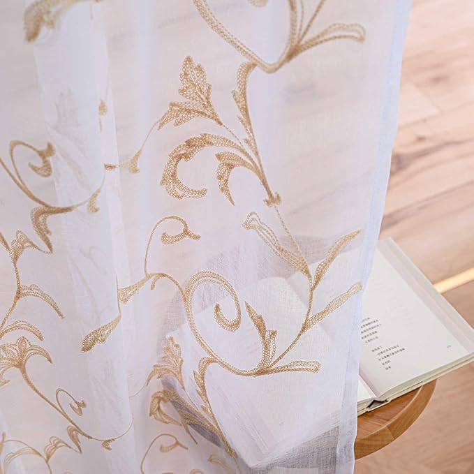 Sheer Curtains White-Beige 45 Inch Length Floral Embroidery Vintage Rod Pocket - Image 5