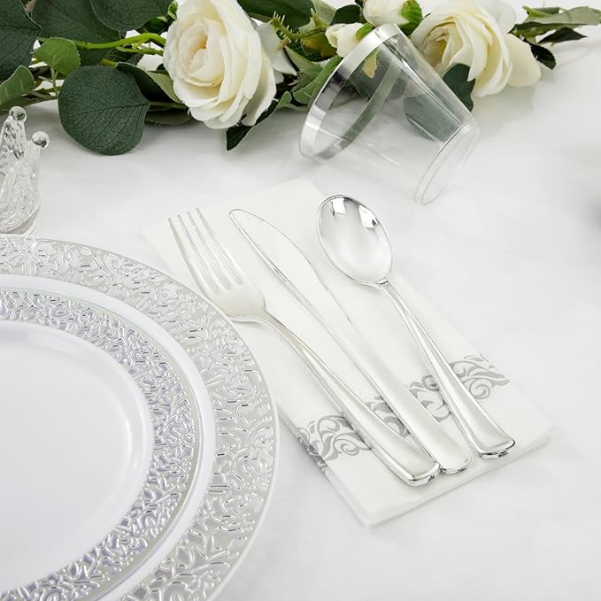 WELLIFE 350pcs Silver Party Dinnerware Set - Image 3
