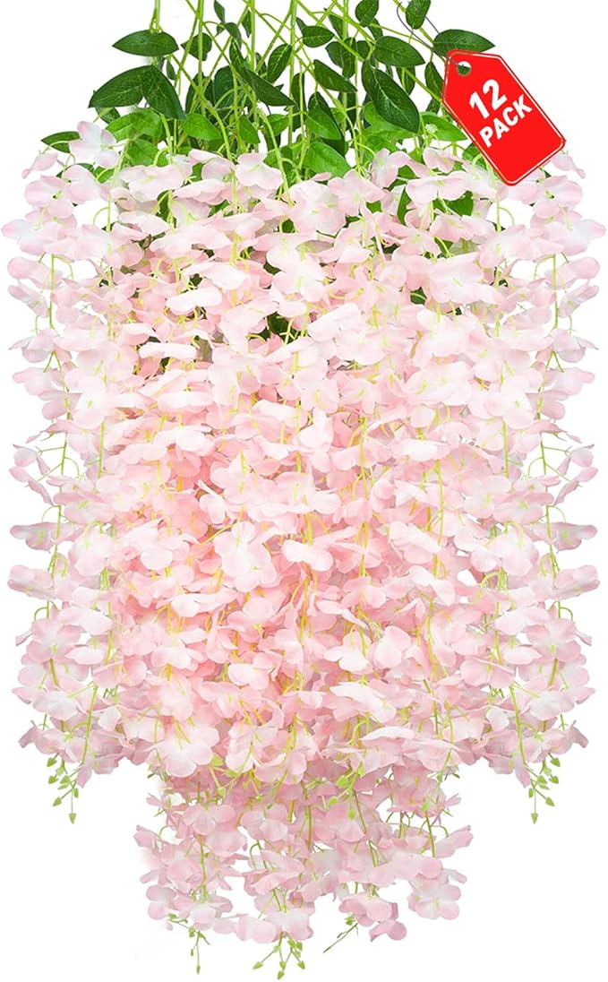 12 Pack Light Pink Wisteria Hanging Flowers, 3.44 Ft Fake Hanging Flowers by ZEBMOON