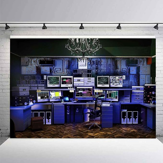 Custom Backdrop with Size Retro Computer Office Backdrop Blue Hacker Room - Image 3