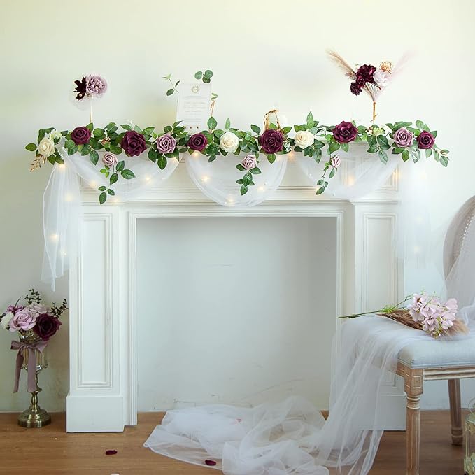 PONATIA 5FT Handcrafted Burgundy Artificial Rose Garland, Dusty Rose Flowers - Image 2