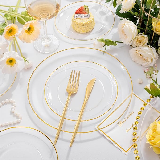 bUCLA 200PCS Clear and Gold Plastic Plates - Image 3