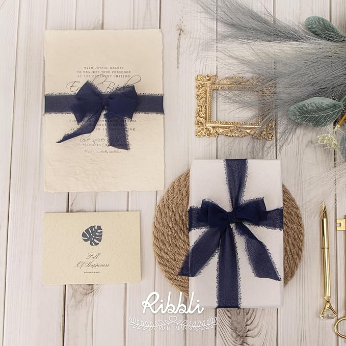 Ribbli Navy Ribbon 1 Inch x 3 Rolls Total 24 Yards Handmade Fringe Chiffon Silk - Image 2