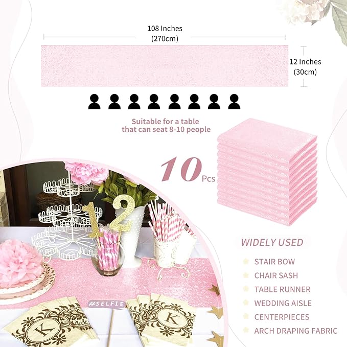 Pink Table Runners 10 Packs 12x108 Inches Glitter Table Runner Wedding Sequin - Image 3