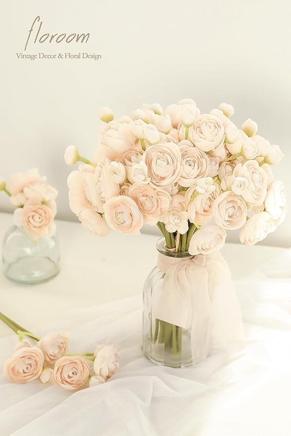 Floroom Ranunculus Artificial Flowers 18 Pcs Champagne Faux Silk Mini - Image 2