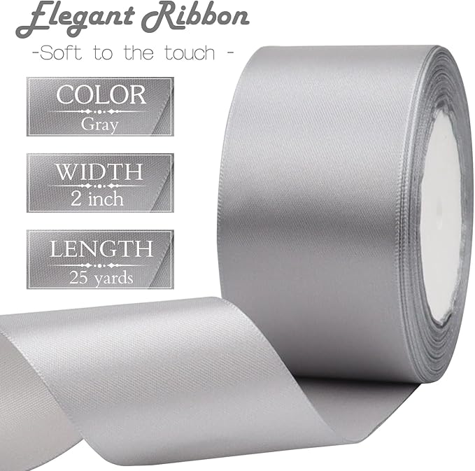 Gray Solid Satin Ribbon 2 Inch 25 Yards Solid Polyester Fabric Ribbon - Image 3