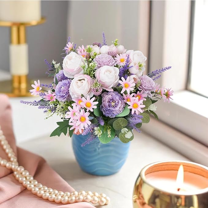 Fake Flowers Purple Artificial Silk Flower Bouquet Faux Flowers - Image 5