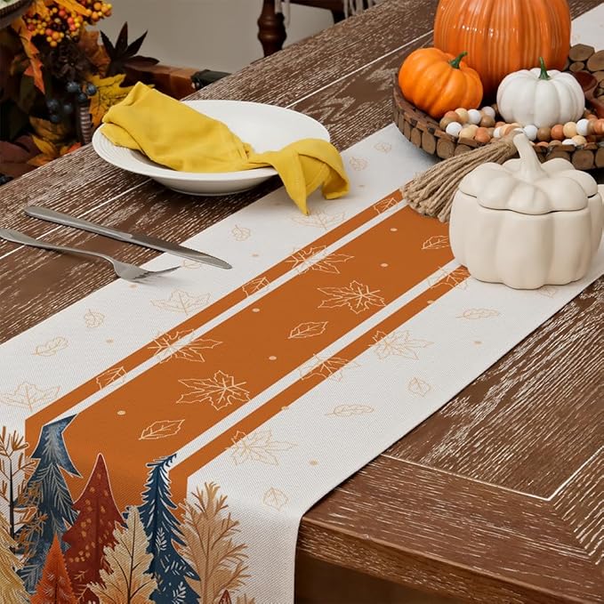 GEEORY Fall Watercolor Trees & Maple Leaves Striped Table Runner 13x48 Inch - Image 4