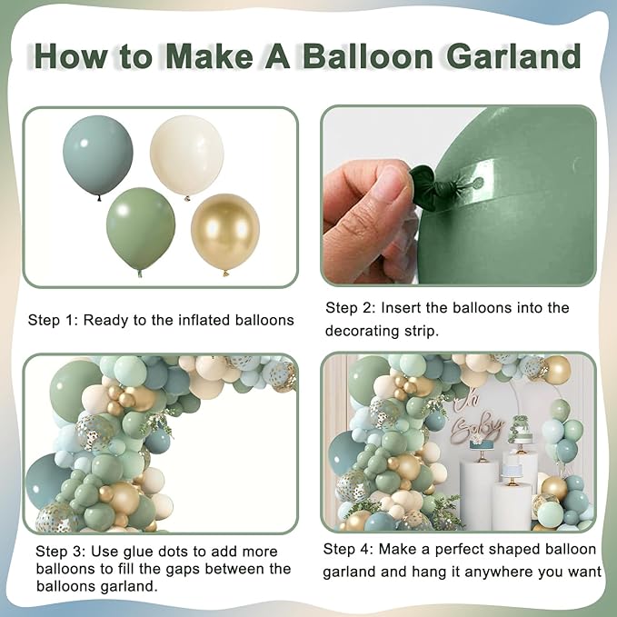 Dusty Blue Sage Green Balloon Arch Kit, Pastel Blue Green Sand White Gold - Image 3