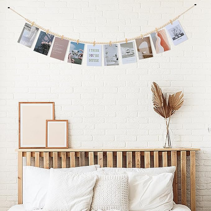 Hanging Photo Display with Clips, Boho Wooden Bead Garland Collage Picture - Image 5