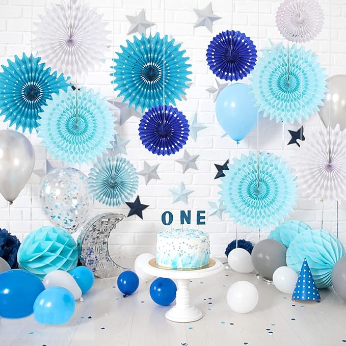 SUNBEAUTY Pack of 13 Blue White Hanging Honeycomb Paper Fans Party Decoration - Image 5