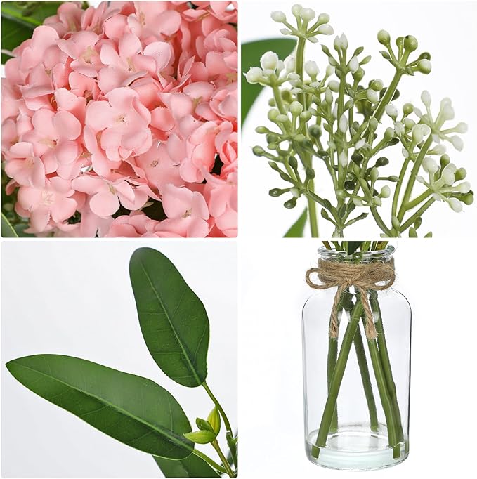 Hollyone Pink Hydrangea Artificial Flowers in Clear Glass Vase - Image 3