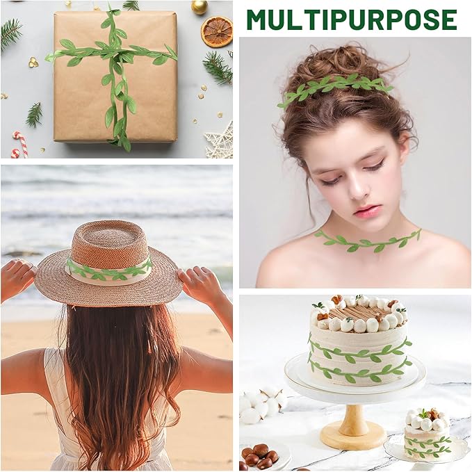 IHKFILAN 262.5 Ft Leaf Ribbon, Olive Green Leaves Leaf Trim Ribbon, Artificial - Image 5