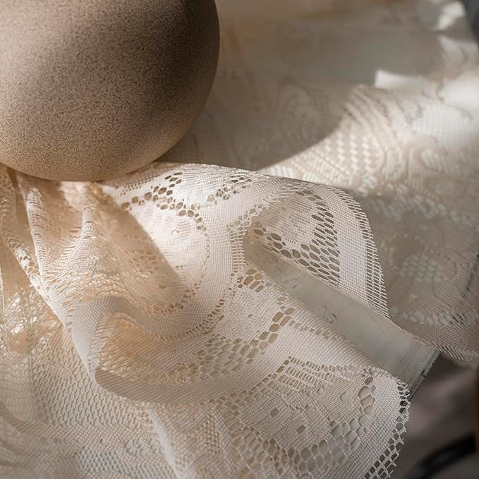 Vintage 60 inch Beige Lace Tablecloth Floral Embroidered Boho Shabby Chic Small - Image 7