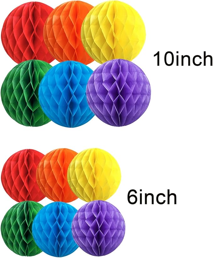 Rainbow Paper Honeycomb Balls, 12 Pack Colourful Hanging Tissue Pom Poms - Image 3
