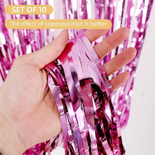 10 Pack Pink Foil Curtain Backdrop 3.2ft x 9.8ft Metallic Tinsel Foil Fringe - Image 2