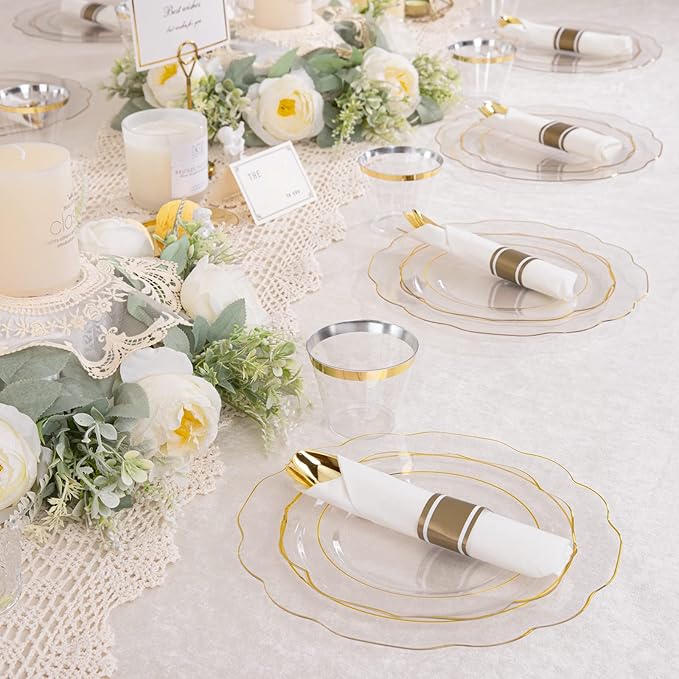 NOCCUR 50Guest Gold Rim Clear Plastic Plates&Disposable Silverware Cups-Include - Image 6