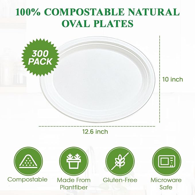 Vplus 300 Pack 100% Compostable Oval Paper Plates 12 inch Super Strong - Image 5