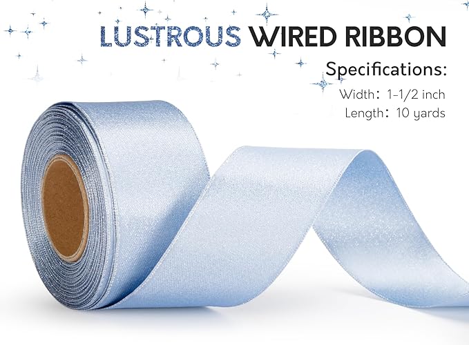 Light Blue Satin Wired Ribbon 1-1/2 Inch Double-Faced Sliver Glitter Christmas - Image 3